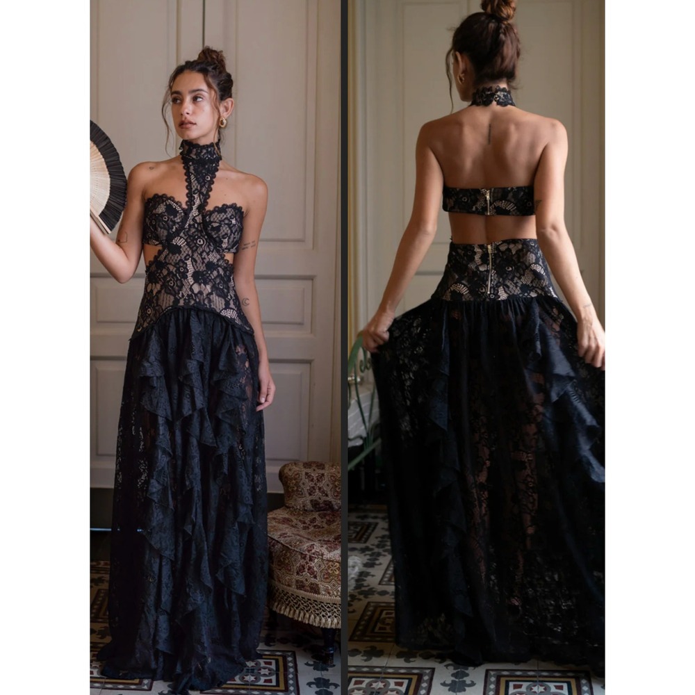 NEW 12th Tribe Princess Black Lace Drop Waist High Neck Maxi Dress Size Small
